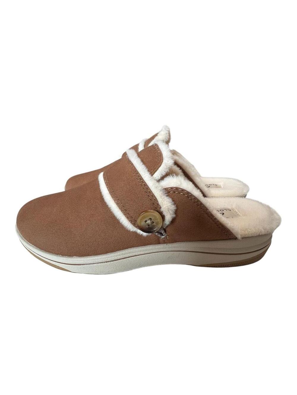 New Clarks Cloudsteppers Breeze Cross Taupe Faux Fur Lined Mules Slippers 5.5 - Picture 2 of 8